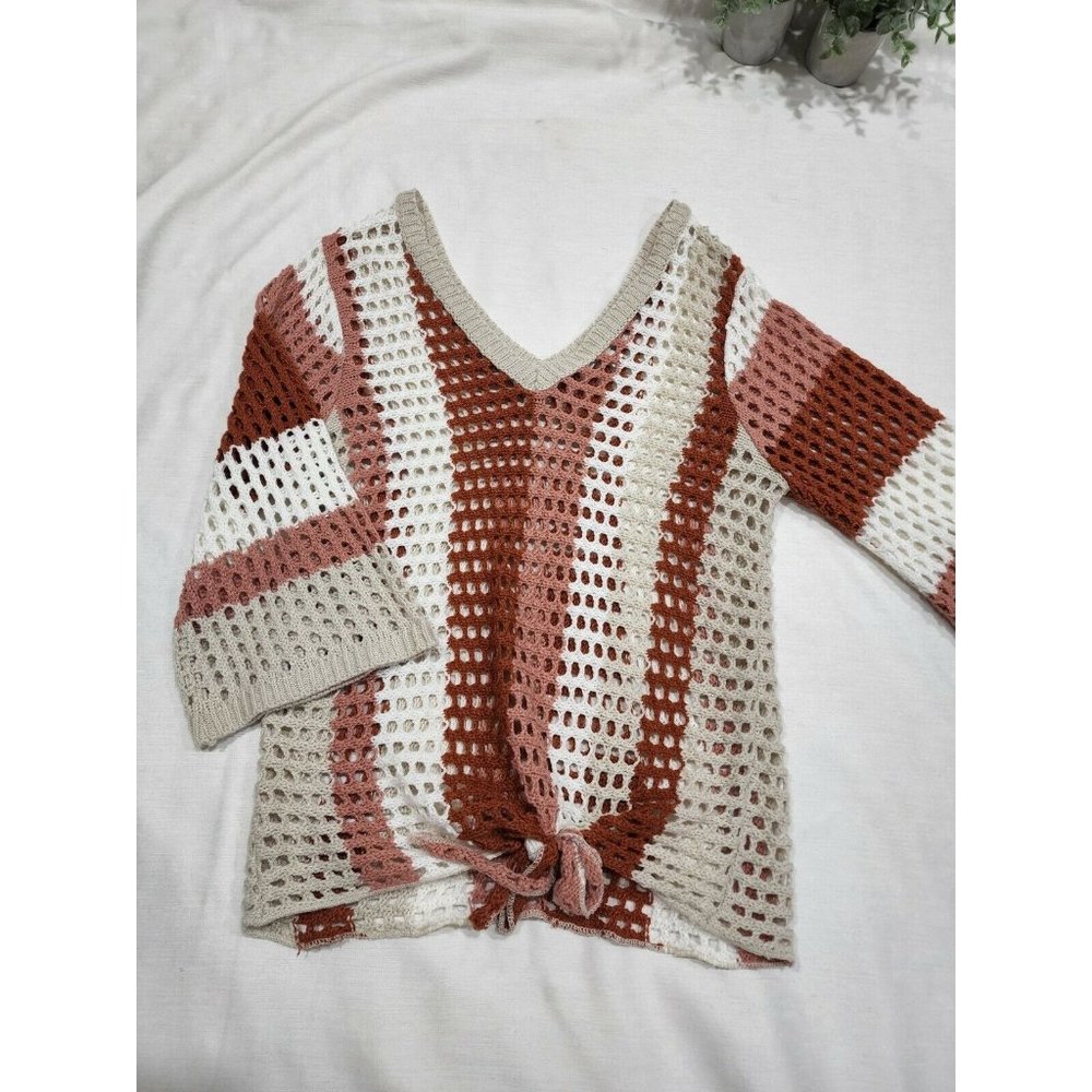 C EST 1946 Womens Size Large Cream Mauve Open Knit Sweater Tie Waist Bell Sleeve